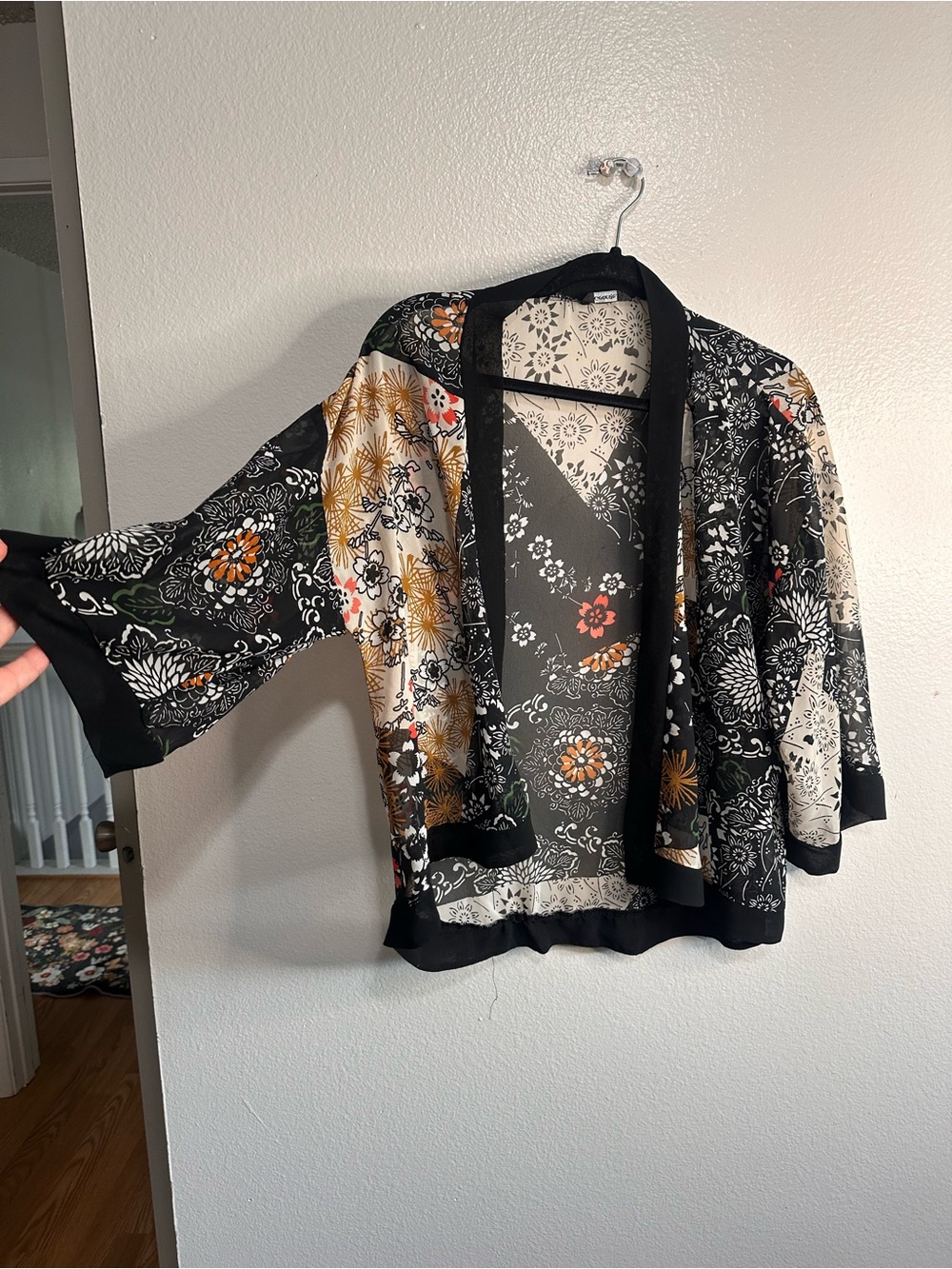 George Black Floral Patchwork Kimono Shrug with Gold Accents